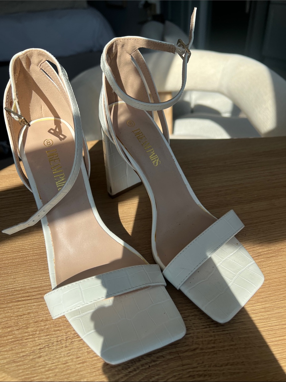 Dreamers White Croc-Embossed Ankle Strap Block Heels